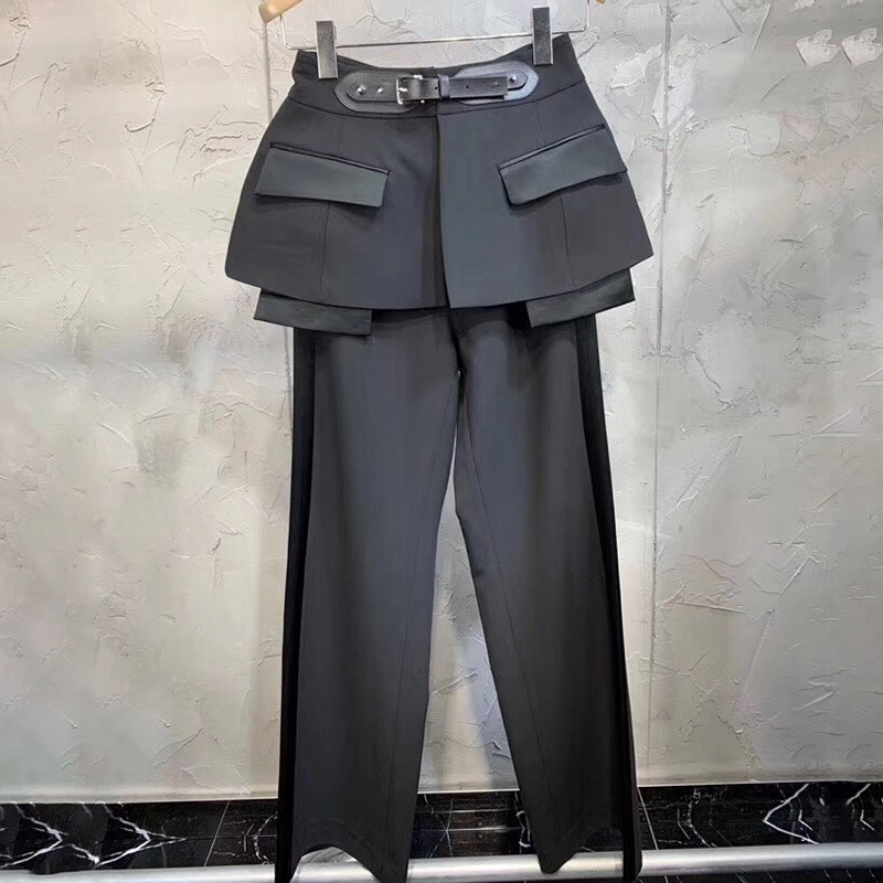 TWOTWINSTYLE High Waist Wide Leg Pants Female with PU Buckle Trumpet Cummerbund Women Fashion Black Trousers Autumn Winter 201228