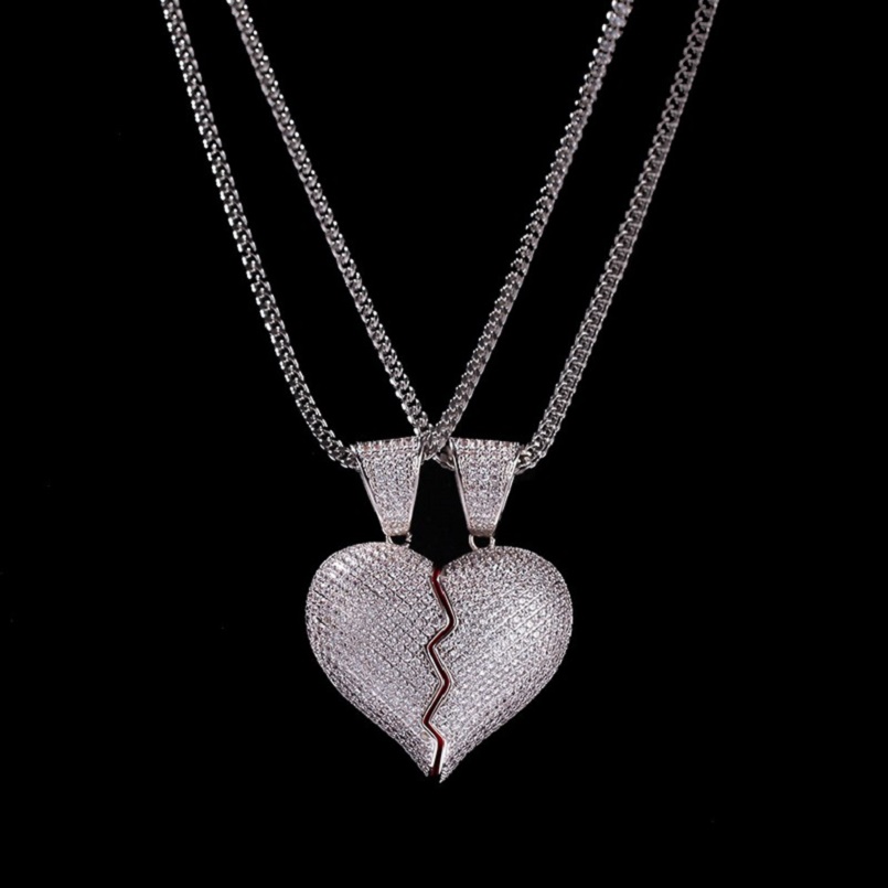 Iced Out Broken Heart Pendant Necklace For Mens Womens Fashion Hip Hop Jewelry Lover Necklaces 1 Pair
