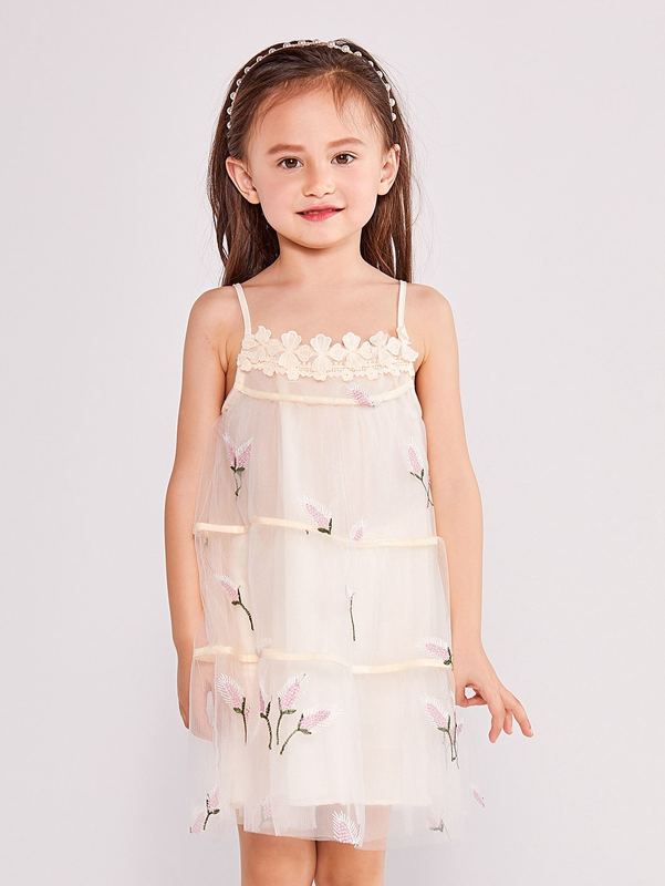 Toddler Girls Floral Embroidery Mesh Cami Dress SHE