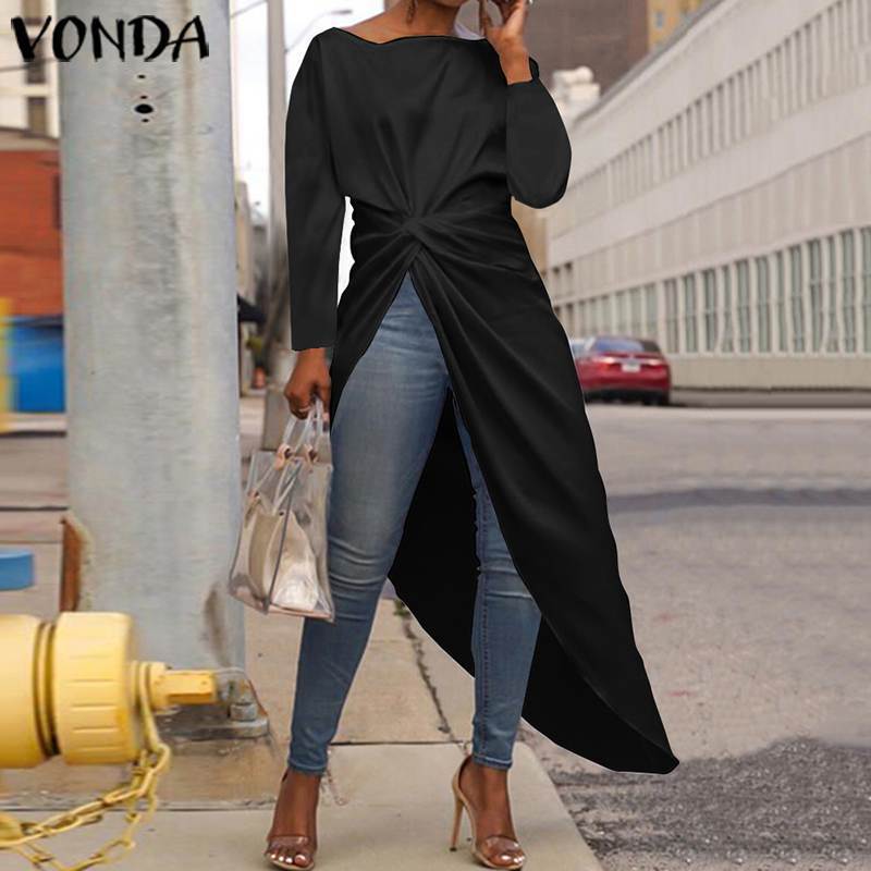 VONDA Asymmetrical Tops Women Long Sleeve Sexy Split Hem Blouse 2019 Autumn Long Shirts Cocktail Party Tops Plus Size Vestidos T200321