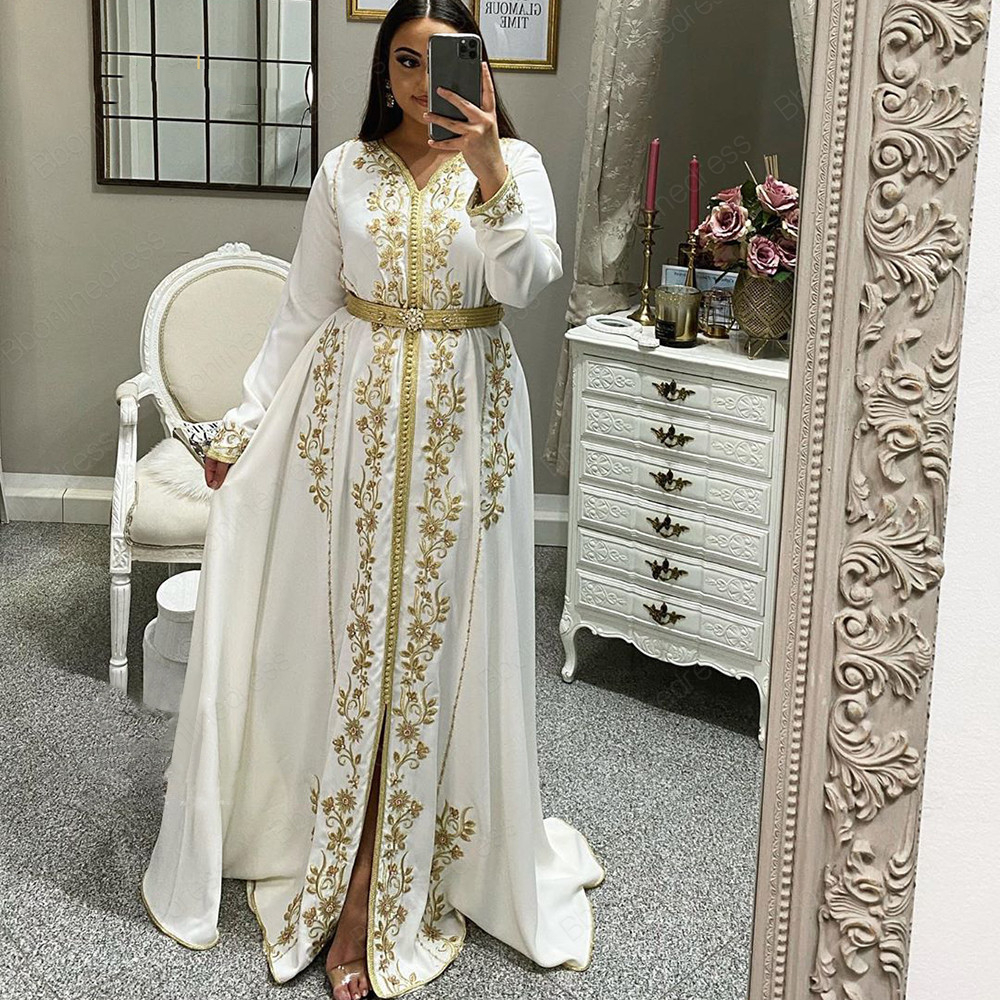 Elegant Moroccan Kaftan Evening Dresses Gold Beaaded Caftan Dresses Embroidery Lace Dubai muslim Woman Formal Party Gowns For Mariage Reception Prom D