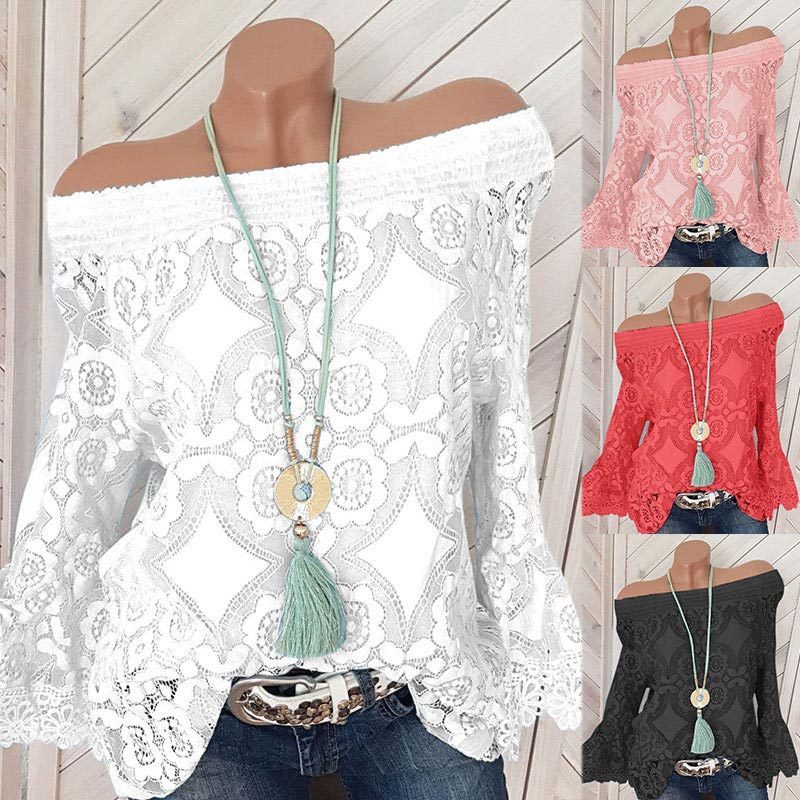 Women's Lace Ruffles Shirt Top Off Shoulder Plus Size 5XL Long Butterfly Sleeve Feminine Blouse Tops Summer Lady Elegant Clothes T200321