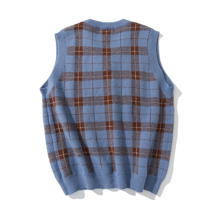 Vintage Plaid Knitted Sweater Men 95% Cotton V Neck Sleeveless Sweaters Japan And Korean Clothes Brown Knit Vest Jumpers L 201125