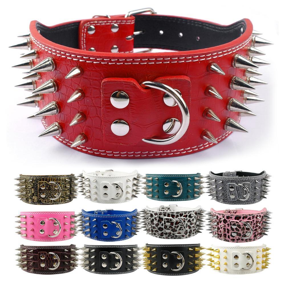 Style 3 inch New Wide 11 Colors Spiked Studded PU Leather Large Dog Collars For Pit