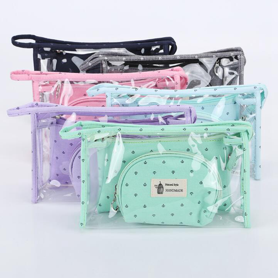 3 set Women Travel Cosmetic Bag Transparent Zipper Crown Make Up Bag Wash Kit Bags Makeup Organizer Storage Beauty Toiletry Case