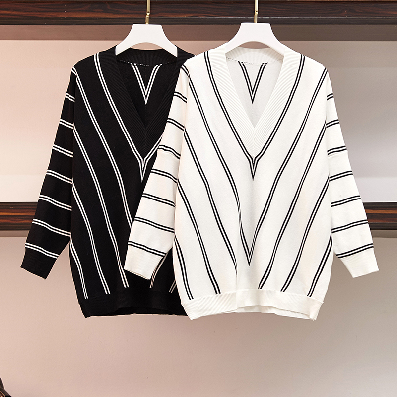 Plus Size Classic Striped Pullovers Woman Autumn Winter Loose Vneck Knit Sweaters Oversize Batwing Sleeve Jumpers Knitwear 201017