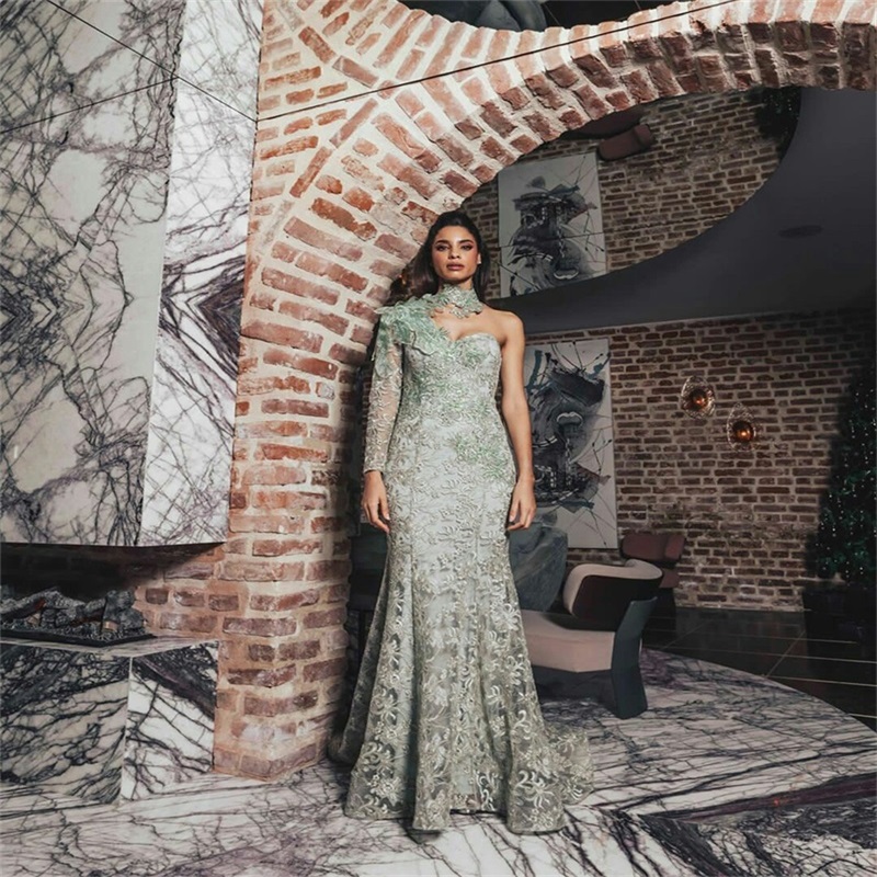New Arrival Prom Dresses Full Appliqued Lace Halter Mermaid Evening Dresses Chic One Sleeves Formal Pageant Dress Custom Made