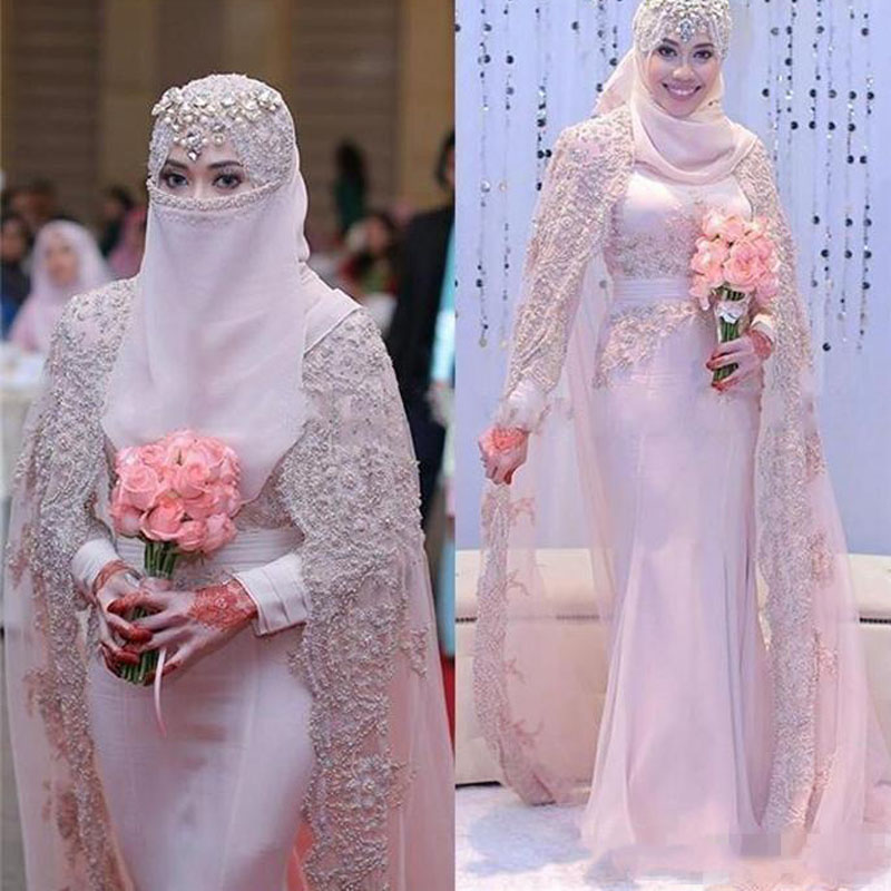 Arabic Muslim Light Pink Wedding Dresses 2021 Mermaid Style High Neck Long Sleeve Lace Beads Cape Wraps Hijab Bridal Gowns
