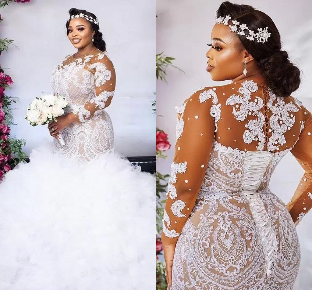 Mermaid Wedding Dress 2023 Sexy African Dubai Jewel Neck Ruffles Lace-up Back Lace Applique Tulle Bride Gowns Plus Size Illusion Long Sleeve Robe De M