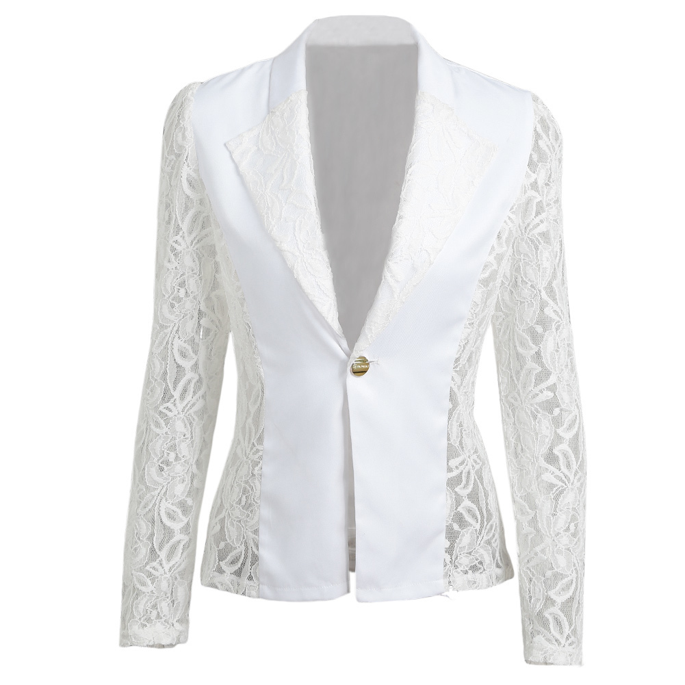 Elegant Women Blazer Long Sleeve Hollow Out Female Jacket Lace Patchwork Office Ladies Suits OL Outwear Black White Plus Size 201105