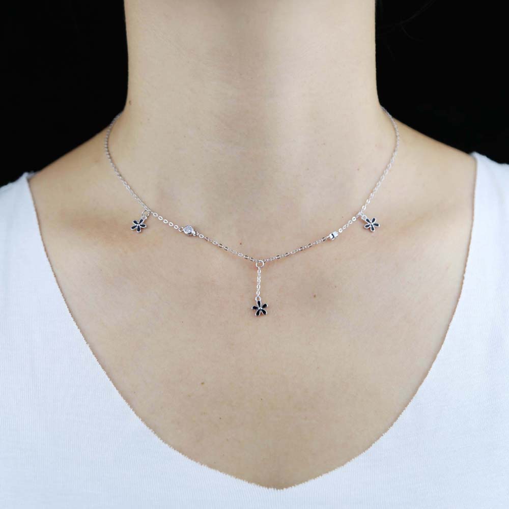Wholesale Real 925 Sterling Silver Daisy Flower Charm Necklace Minimal Delicate Bling Cz Paved Enamel Link Chain Choker Necklace for Women