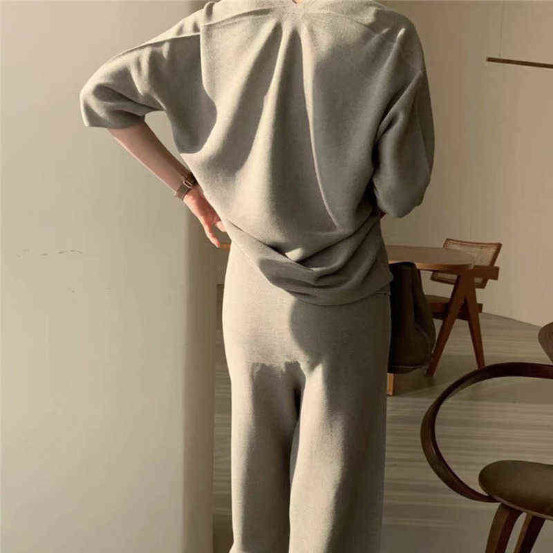 Autumn Korean Fashion Casual Knitted Two Piece Set Women Loose Pullover Sweater Tops + Wide Leg Pants Suits Knitwear 2 220114