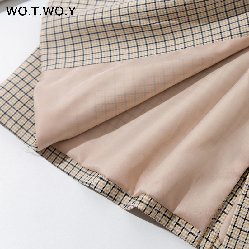 WOTWOY Double Breasted Plaid Blazer Women Khaki Pocket Long Sleeve Office Ladies Blazer Autumn Jacket Female Outerwear Coats T200828