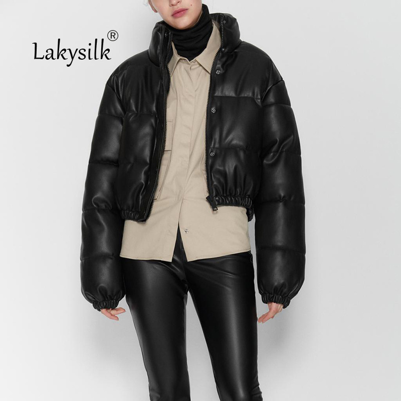 Black Thicken Parkas Women PU Leather Stand Collar Full Sleeve Jackets Fashion Slim Button Clothes Zipper Outdoor Winter Coat 201019
