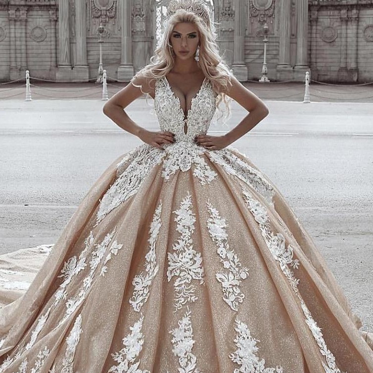 Lace Champagne Gorgeous Ball Gown Wedding Dresses Appliqued Sparkly Princess Dubai Arabic Bridal Gowns V Neck Vestidos De Novia AL S Estidos 6660306