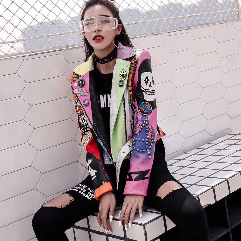 LORDXX Cropped Leather Jackets Women Hip hop Colorful Studded Coat New Spring Ladies Motorcycle Punk Cropped Jacket with belt 201017