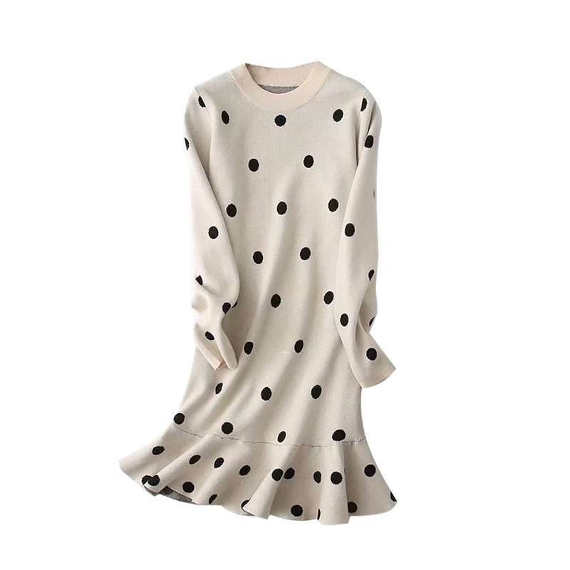 Women Elegant Polka Dot Knitted Sweater Dress Autumn Winter Casual Loose Dress Ruffles O-neck Long Sleeve Dresses Vestidos 201125