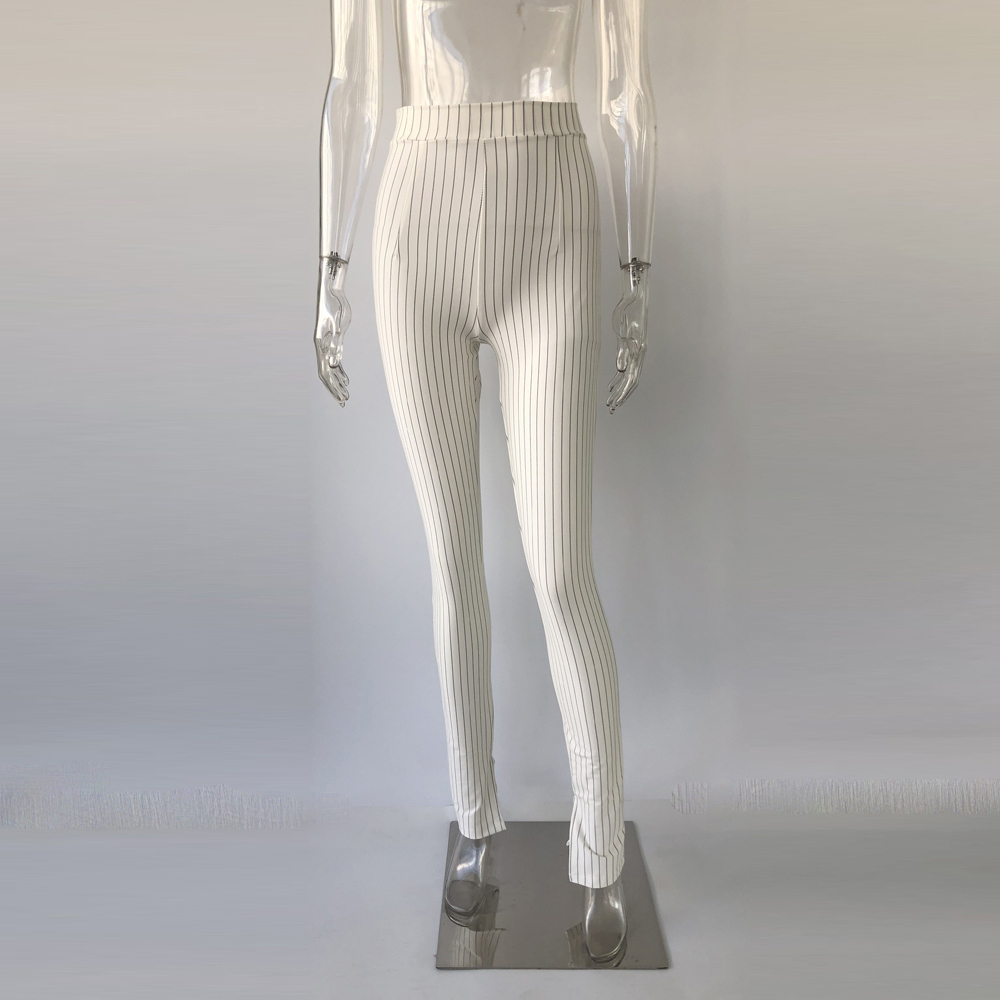 Xllais black and white striped pants Office lady high waist pencil Pants Low Slit Legging Slim Casual Elegant Work Wear 201106