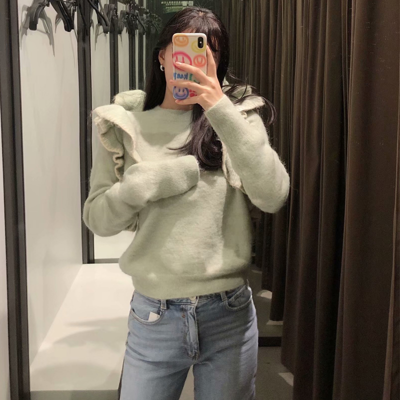 Fall Za Green Knitted Sweater Women Clothing Pullover Cropped Woman Sweaters Vintage Long Sleeve Ruffle Shoulder Ladies Top 201223