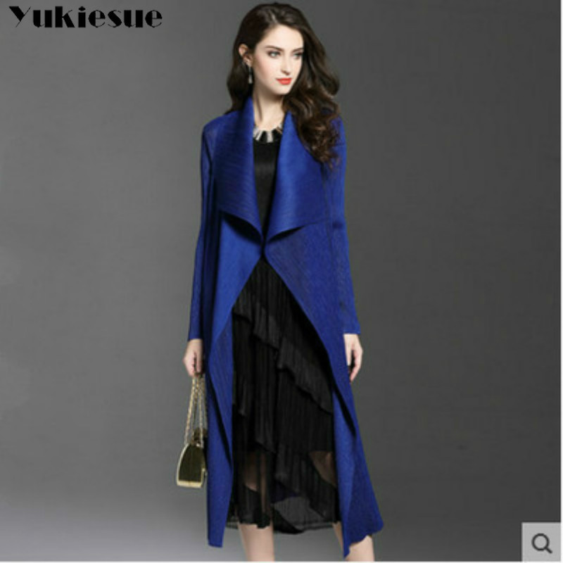 Spring Thin Windproof Outerwear Women Trench Coats pleated Long Sleeve Open Front Elegant Office Work Long Duster Coat Cardigan 201031