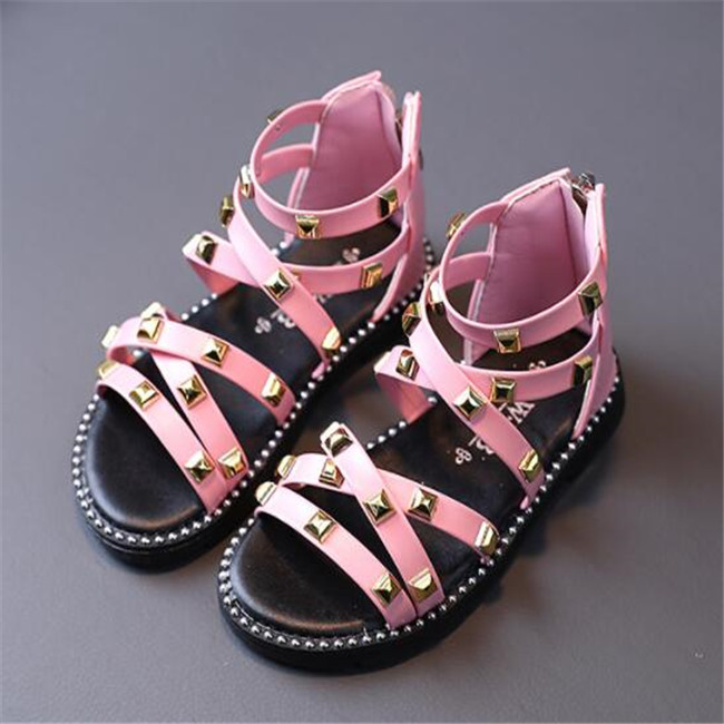 Girls Sandals 2022 Summer Children Gladiator Roman Sandals Rivets Classic Kids Beach Shoes Zipper Soft Leather Comfortable 21-30
