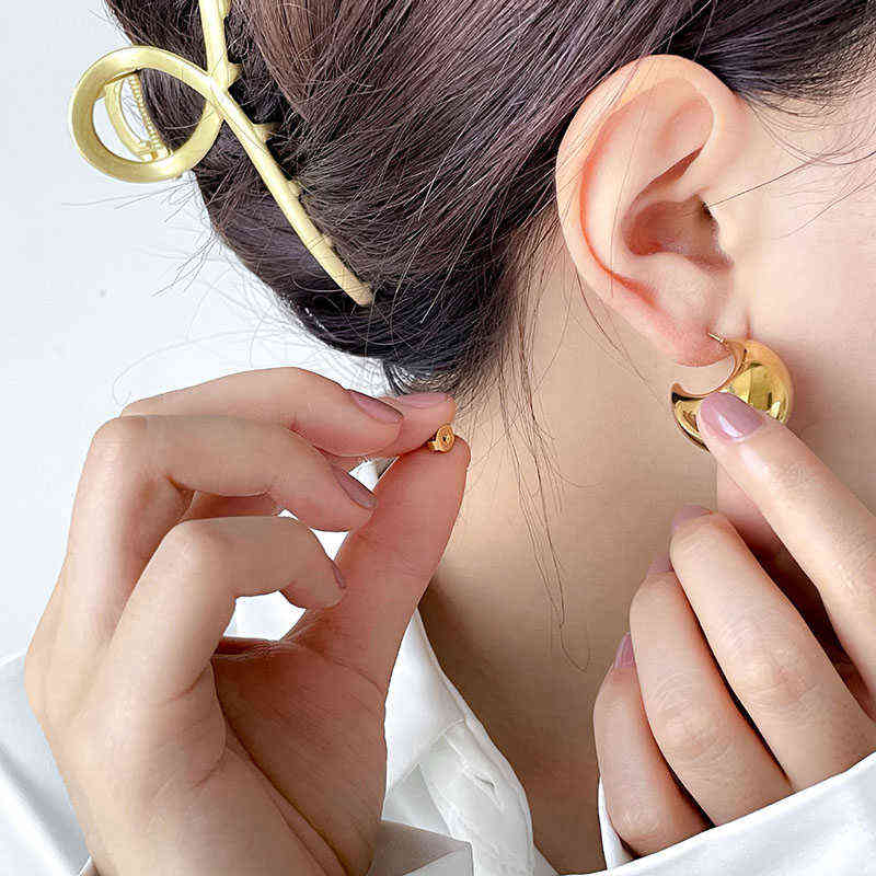 Half moon sphere thick chunky gold hoop earring stainless steel for women chic vintage empty lightweight earring 220108