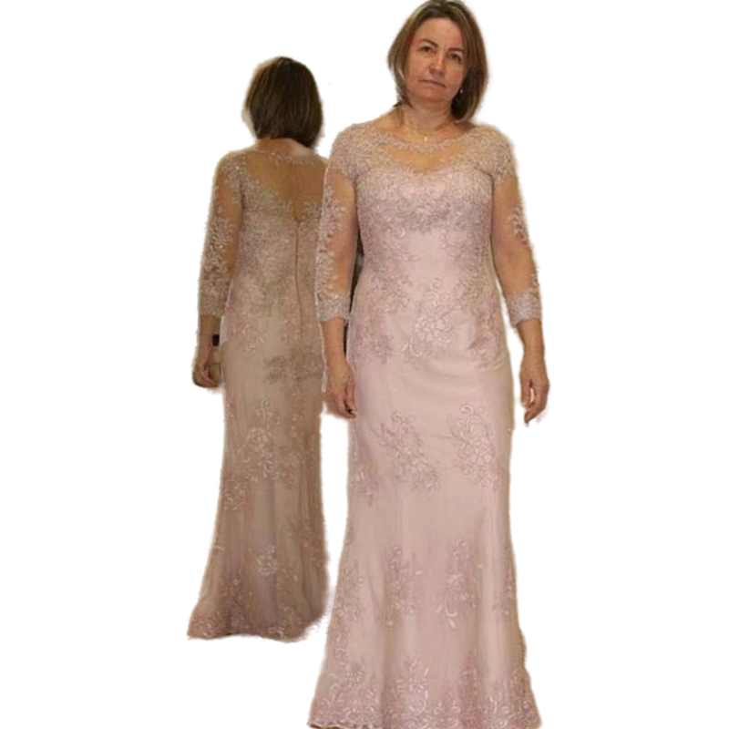 Elegant Long Sleeve Lace Mother Of The Bride Dresses Illusion Crew Neck Appliques Floor Length Women Guests Wedding Party Gowns Groom Mother's Ev