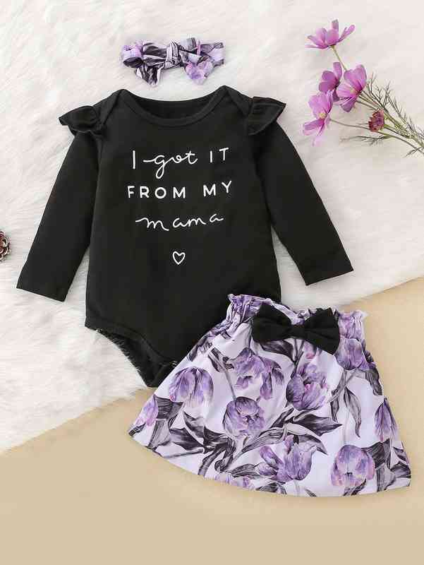 Baby Slogan Graphic Bodysuit & Floral Print Bow Skirt & Headband SHE