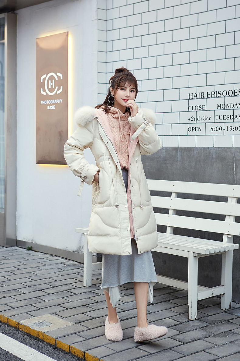 Winter Fur Collar White Duck Down Jacket Long Section Tie Waist Coat White black green LJ201127