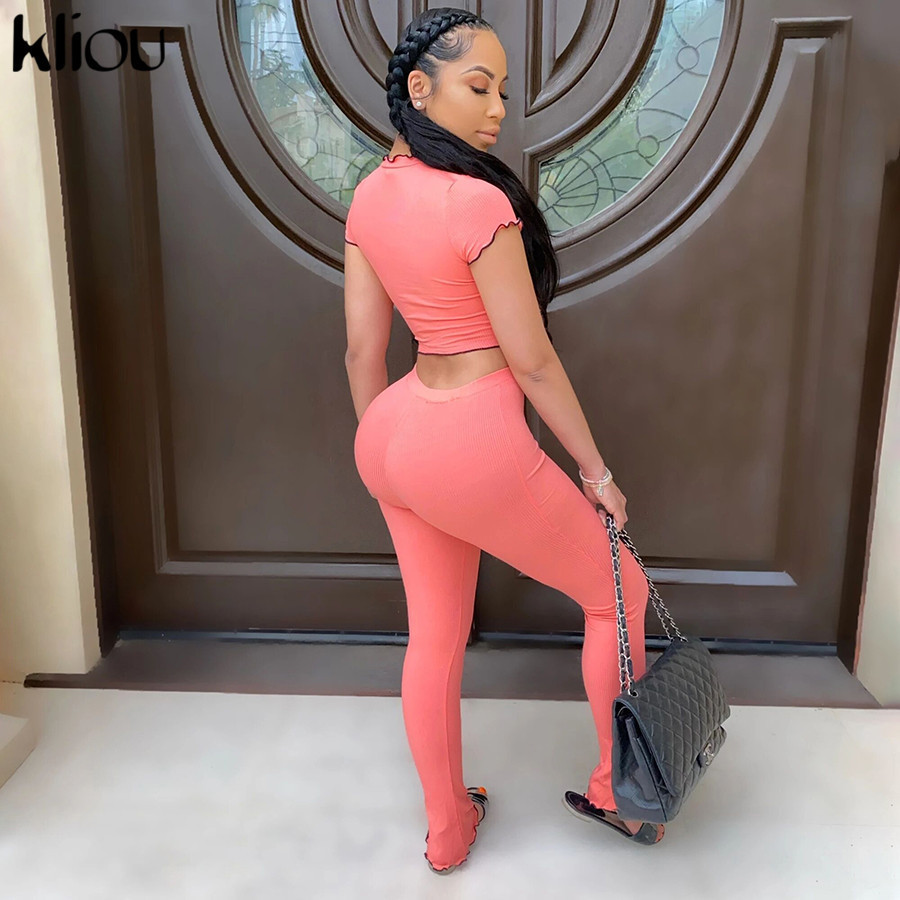 Kliou women Ruffles two pieces set bandage crop top + high waist slim leggings solid outfit skinny Ruffles fitness tracksuit 201104
