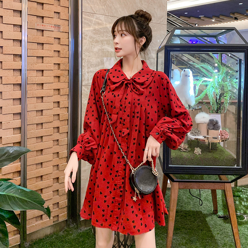 528# Autumn Korean Fashion Red Chiffon Maternity Blouses Sweet Loose Shirts Clothes for Pregnant Women Fall Pregnancy Tops Tunic LJ201120