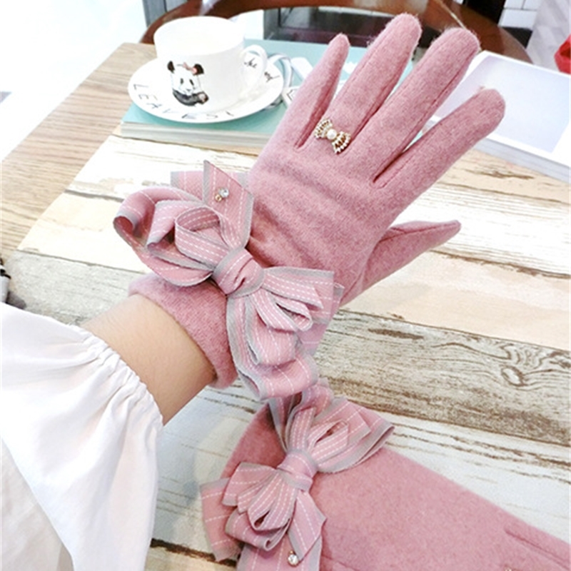 Fashion Women Big Bow Knot Touch Screen Gloves Winter Female Thickening Warm Finger Gloves Girls Cute Wrist Gloves Touch Agl100 201104