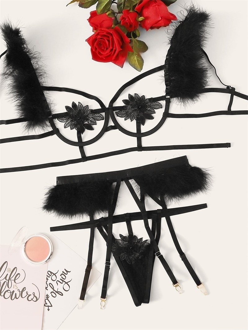 Ellolace Sexy Lingerie Hollow Out Feather Bra Women's Underwear Transparent Bra Set Black Lingerie Set Sexy Hot Erotic T200602