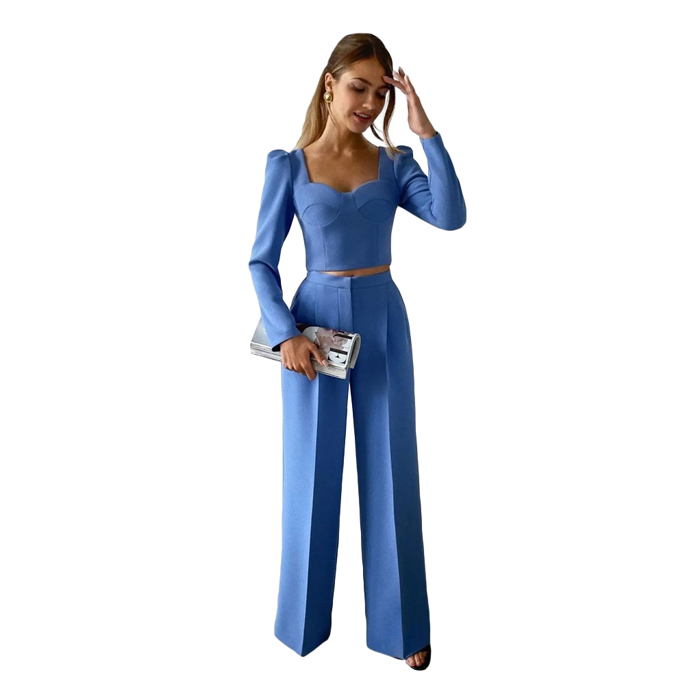 Fashion Blue Suits Women Holiday Tuxedos Loose Mother of the Bride Pants Suits Wide Leg Prom Evening Guest Wedding Outfit 2 Pieces