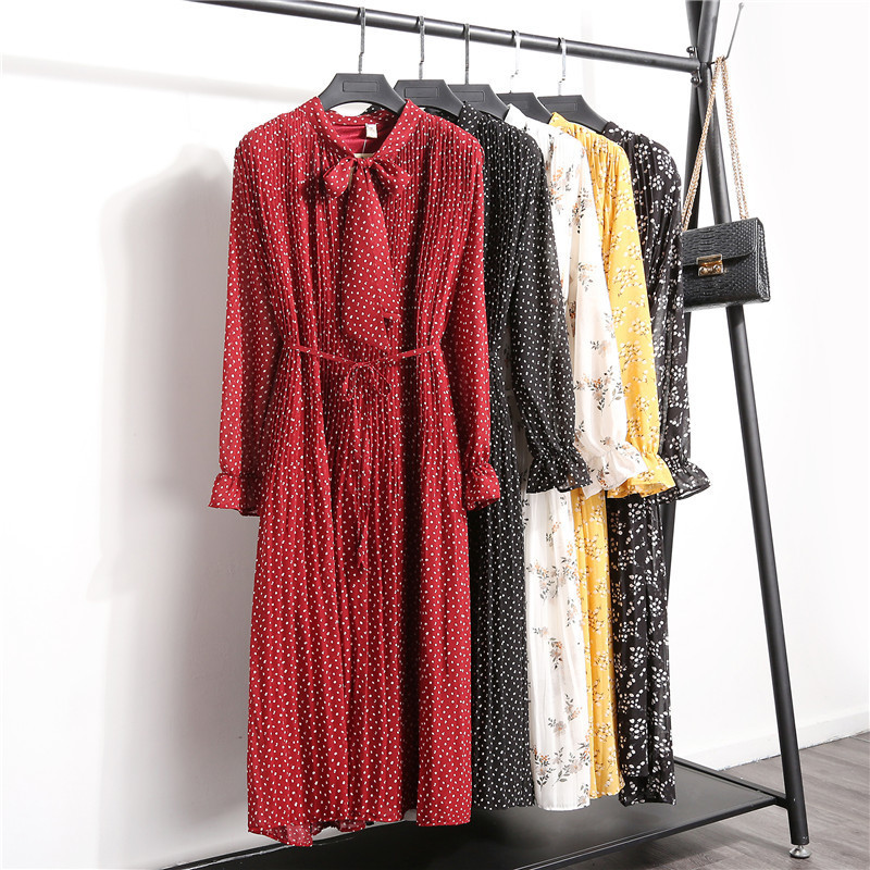 New Women's Floral Print Pleated Chiffon Dress Spring Autumn New Female Casual Flare Sleeve lace Up Bow Neck Basic Dresses T200416
