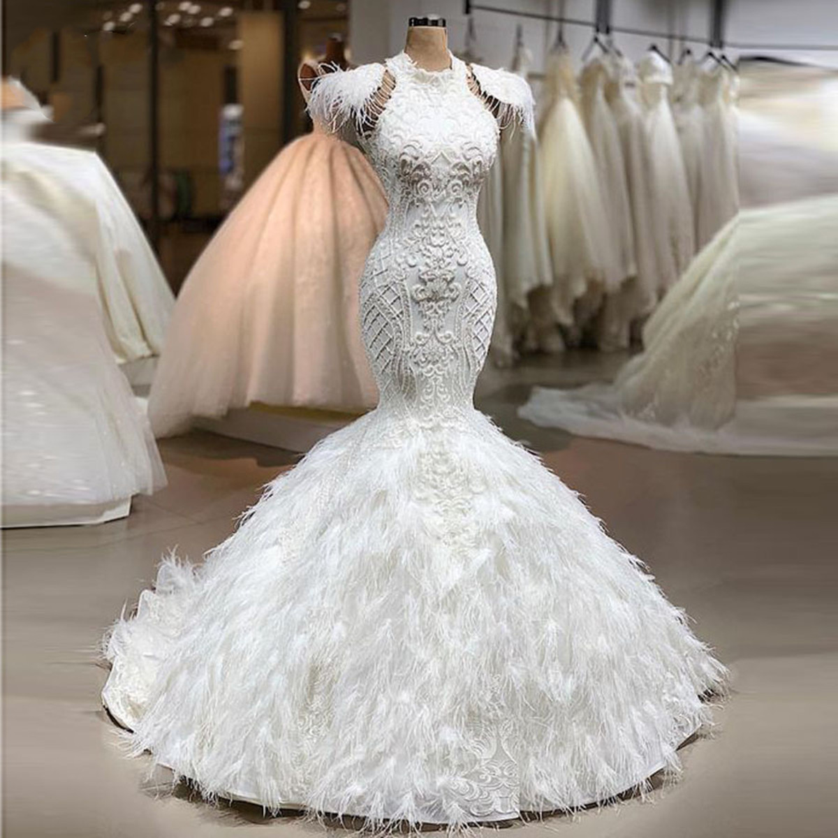 Gorgeous Feather Wedding Dress Mermaid Ruffle Robe De Mairee Sexy Gown Bridal Dresses Vestido De Novia