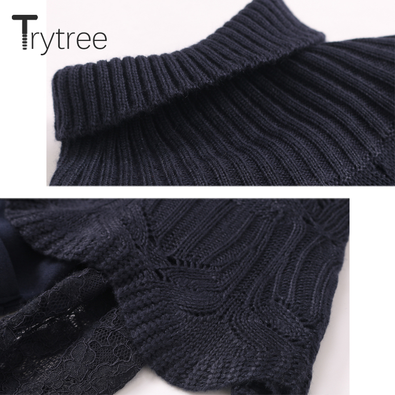 Trytree Autumn Winter Women Dress Casual Turtleneck Shawl Lace Patchwork Button Belt 2 Colour A-line Fashion Knee-Length Dress 201125