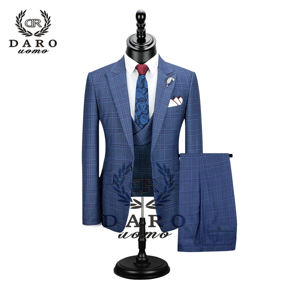 DARO New Men Suit 3 Pieces Fashion Plaid Suit Slim Fit blue purple Wedding Dress Suits Blazer Pant and Vest DR8193 201124