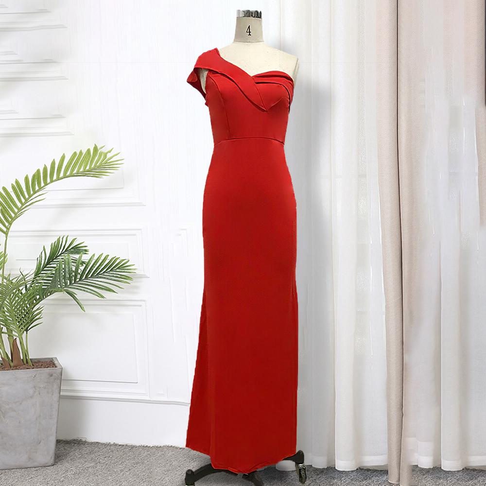 Red Maxi Dress Slim One Shoulder Party Celebrate Occassion Bodycon Evening Club Women Robes Christmas Dresses Female Night Out T200604