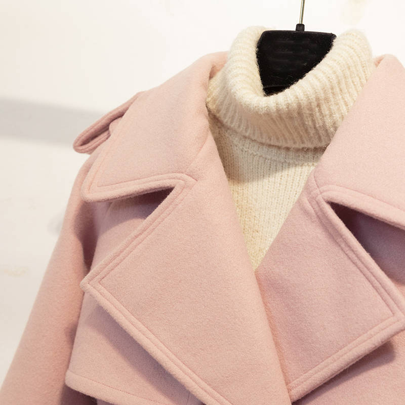 New Autumn Winter Coat Women Woolen Short Jacket Female Vintage Slim Jackets Belt Pink Coats Casaco Feminino 201102
