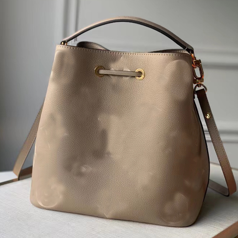 TOP Neonoe Bucket Bag Fashion Handbag Purse Embossed Letter Graind Genuine Leather Shoulder Crossbody Bags Flower Printing Drawstring Handbags Adjusta