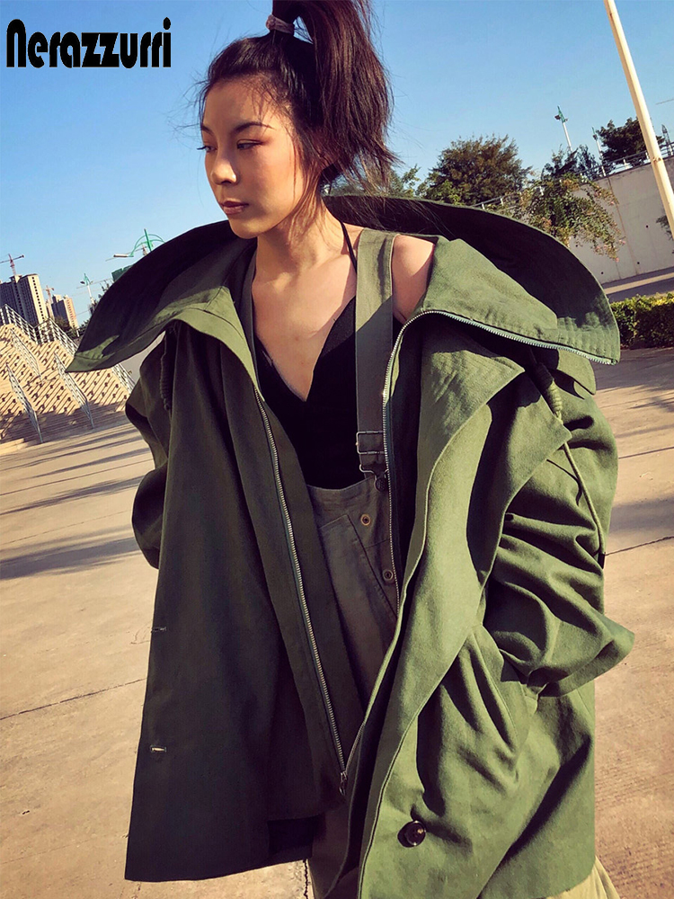 Nerazzurri Oversized armygreen black zip up trench coat for women with hood long sleeve Loose womens fashion windbreaker women 201111
