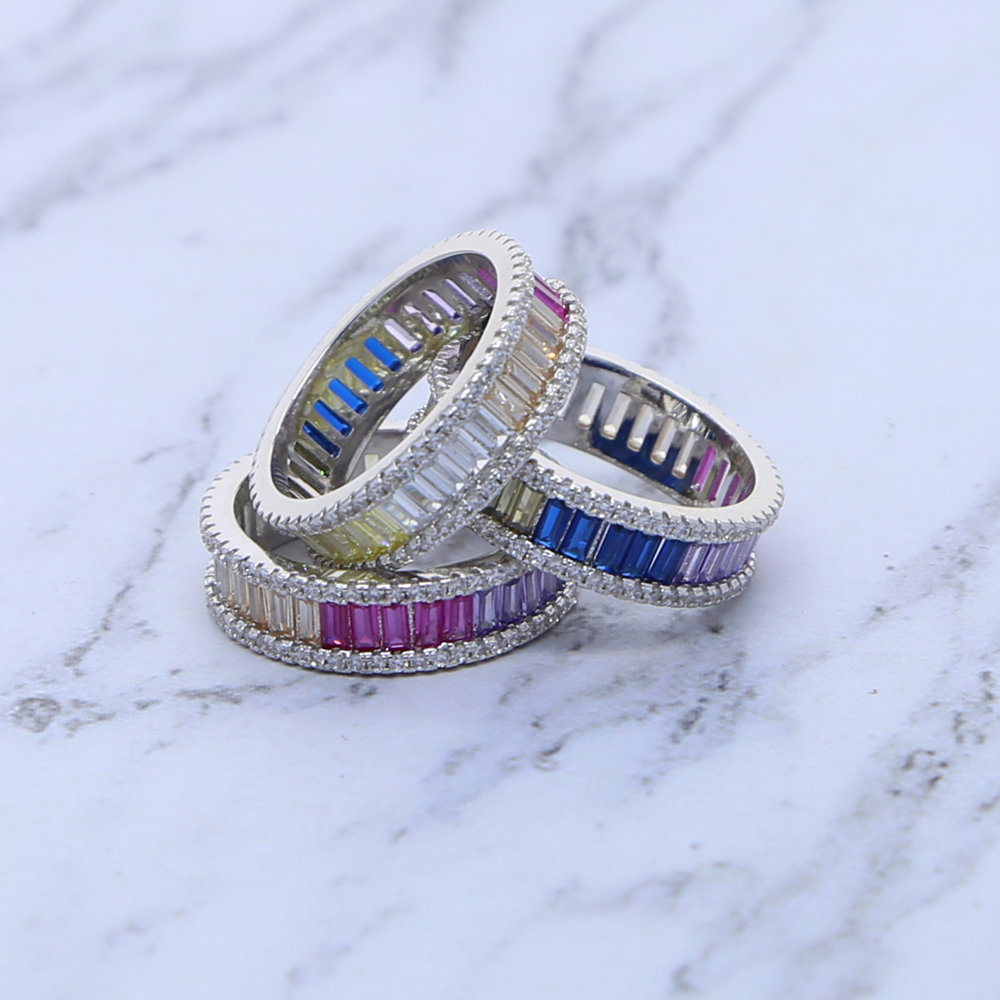Silver Color Wedding Engagement Band 2024 Spring Summer New Rainbow Baguette CZ Eternity Ring For Women Ladies