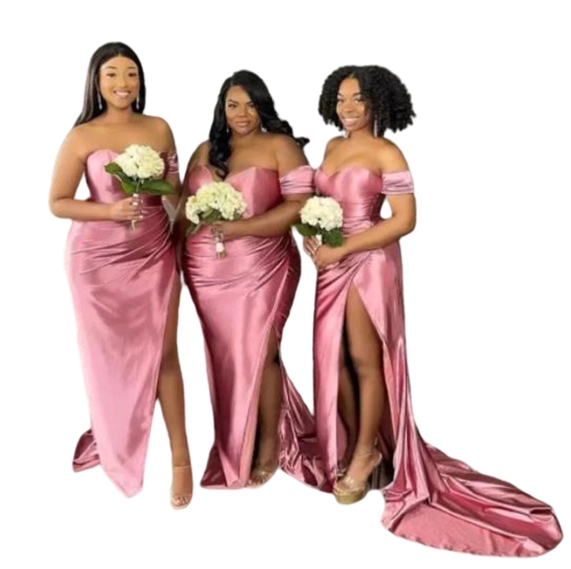 Rose Pale Pink Mermaid Bridesmaid Dresses Sexy High Slit African Black Girls Junior Maid of Honor Dresses for weddings plus size