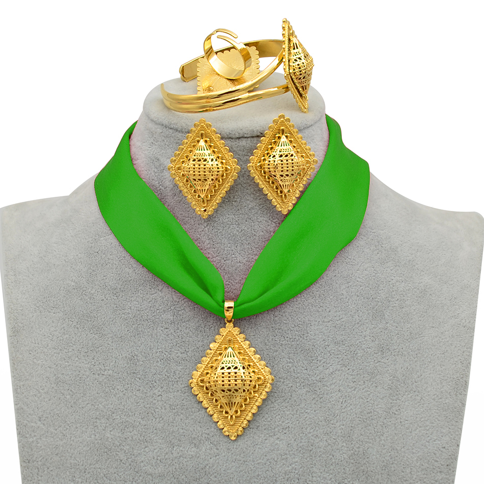 Anniyo DIY Rope Ethiopian Jewelry set Pendant Necklaces Earrings Bangle Ring Gold Color Eritrea Habesha Jewellery Sets #218406 201222