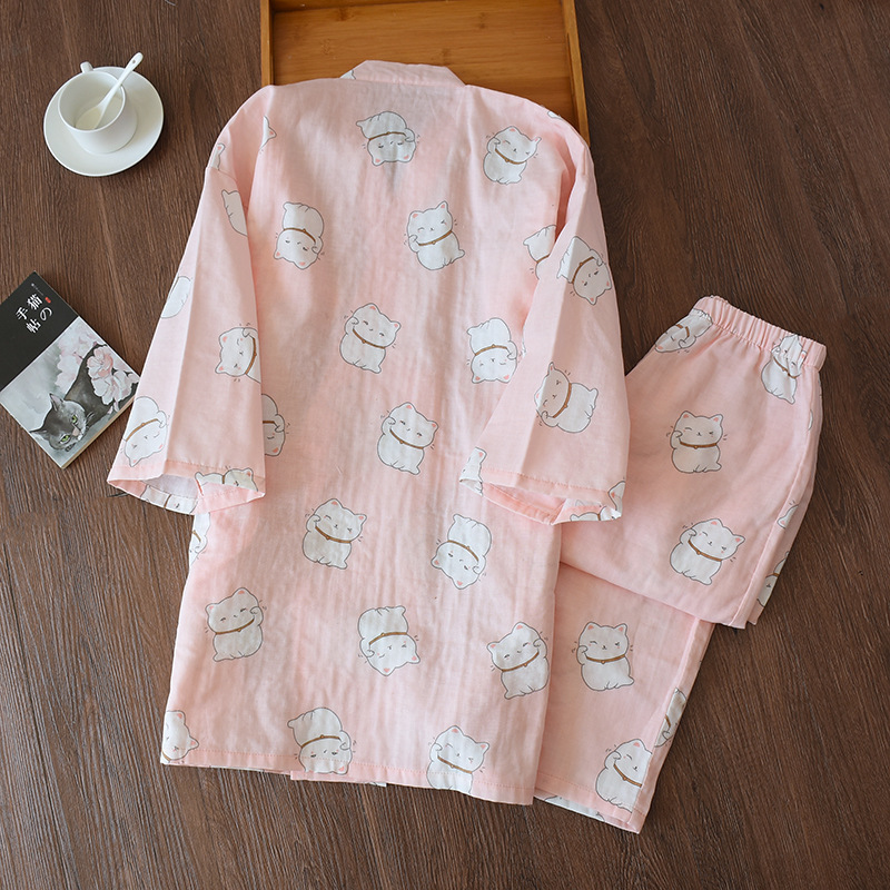New Ladies Cartoon Cat Print Kimono Trousers Pajamas Suit Cotton Home Service Bath Steamed Clothes Women's Pajama Pants T200429