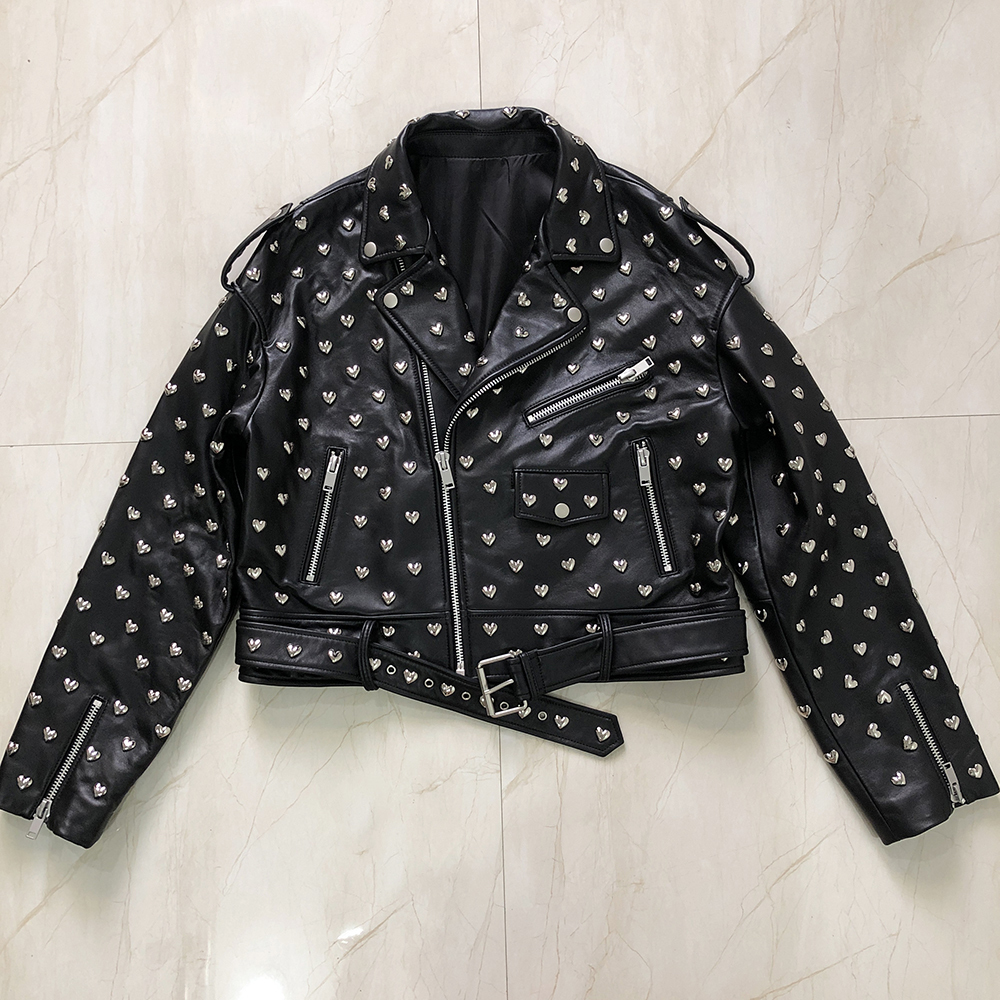 YOLOAgain women genuine leather jacket ladies high street heart rivet black real leather jacket 201030