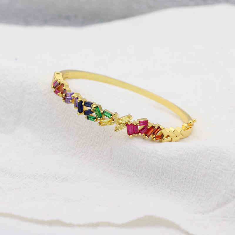 Adjusted Gold Filled Rainbow Baguette Cz Bangles for Women Gilr Colorful Cubic Zirconia Bracelet Fashion Crystal Jewelry