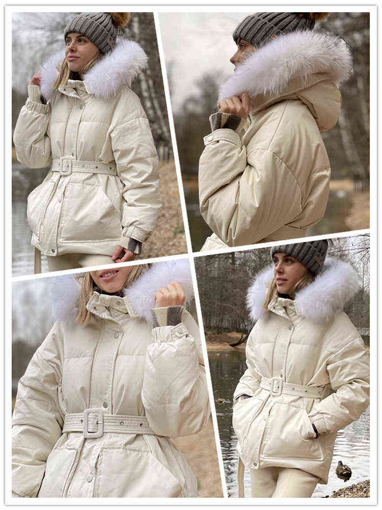 Fi Winter Large Natural Fur Collar Hooded Jacket Women with Belt Thickness Snow Warm Parkas 90% White Duck Down Loose Coat 211221wtt