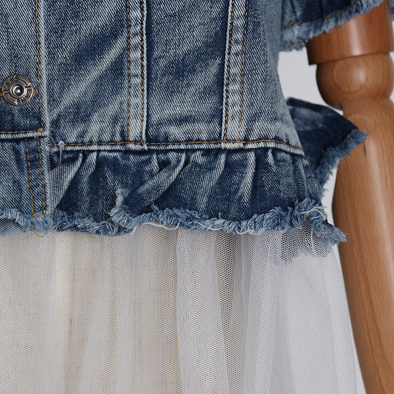 TWOTWINSTYLE Denim Patchwork Mesh Women's Jacket Lapel Collar Short Sleeve Ruffle Jacket Female Streetwear Spring Fashion 201023